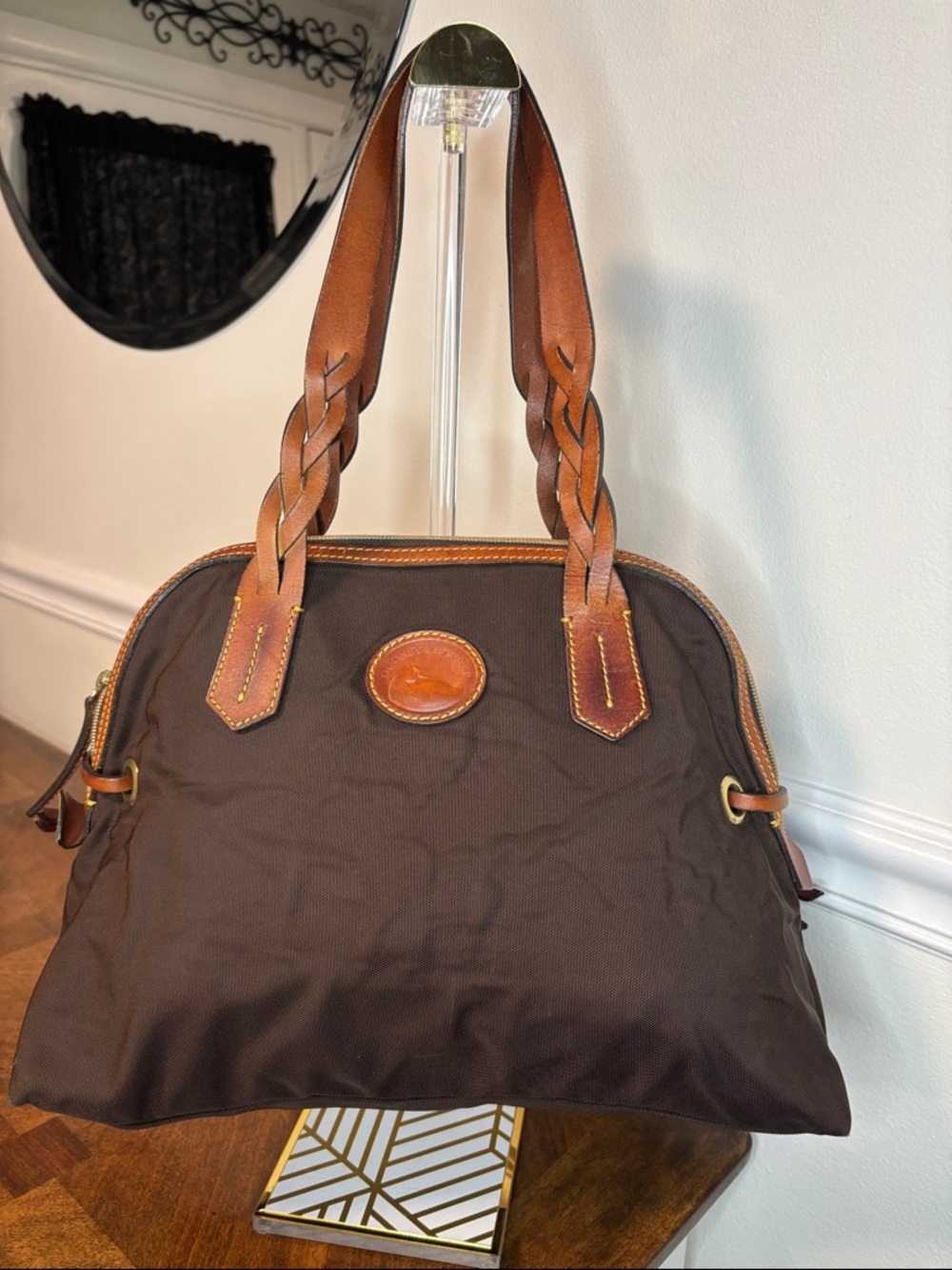 🔥LOW START Dooney & Bourke brown nylon domed satchel w/ braided leather handles - Picture 14 of 16